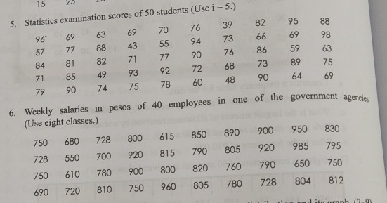 15 25
5. Statistics examination scores of 50 students (Use i=5.)
96° 69 63 69 70 76 39 82 95 88
57 77 88 43 55 94 73 66 69 98
84 81 82 71 77 90 76 86 59 63
71 85 49 93 92 72 68 73 89 75
79 90 74 75 78 60 48 90 64 69
6. Weekly salaries in pesos of 40 employees in one of the government agencies 
1 (7-0)