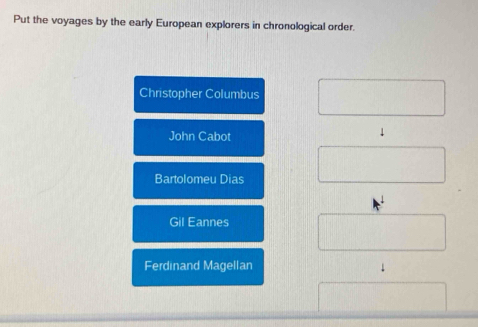 Put the voyages by the early European explorers in chronological order.
Christopher Columbus
John Cabot
↓
Bartolomeu Dias
Gil Eannes
Ferdinand Magellan