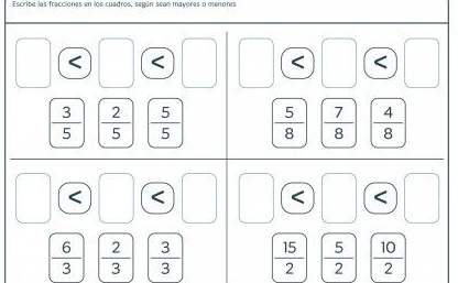 Escribe las fracciones en los cuadros, según sean mayores o menores 
x_ □ /□  
< 
≤slant < ^1
 3/5   2/5   5/5   5/8   7/8   4/8  < 
<tex> □ 
.
 6/3   2/3   3/3  ( 15/2 )  5/2   10/2 