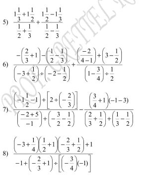 frac 1 1/3 +1 1/2  1/2 + 1/3 +frac 1 1/2 -1 1/3  1/2 - 1/3 
6) frac -( 2/3 +1)-( 1/2 - 1/3 )(-3+ 1/2 )+(-2- 1/2 )+frac ( (-2)/4-1 )+(3- 1/2 )(1- 3/4 )+ 1/2 
7) frac (-1 1/2 -1)+[2+(- 2/3 )]( (-2+5)/-1 )+(- 3/2 - 1/2 )-frac ( 3/4 +1)(-1-3)( 2/3 + 1/2 )+( 1/3 - 1/2 )
8) frac (-3+ 1/4 )( 1/2 +1)(- 2/3 + 1/2 )+1-1+(- 2/3 +1)+[(- 3/4 )(-1)]