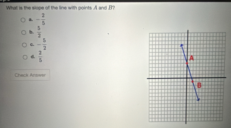 What is the slope of the line with points A and B?
a. - 2/5 
b.  5/2 
C. - 5/2 
d.  2/5 
Check Answer