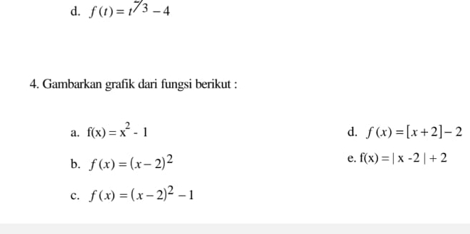 f(t)=t^(2/3)-4
4. Gambarkan grafik dari fungsi berikut : 
a. f(x)=x^2-1 d. f(x)=[x+2]-2
b. f(x)=(x-2)^2
e. f(x)=|x-2|+2
c. f(x)=(x-2)^2-1