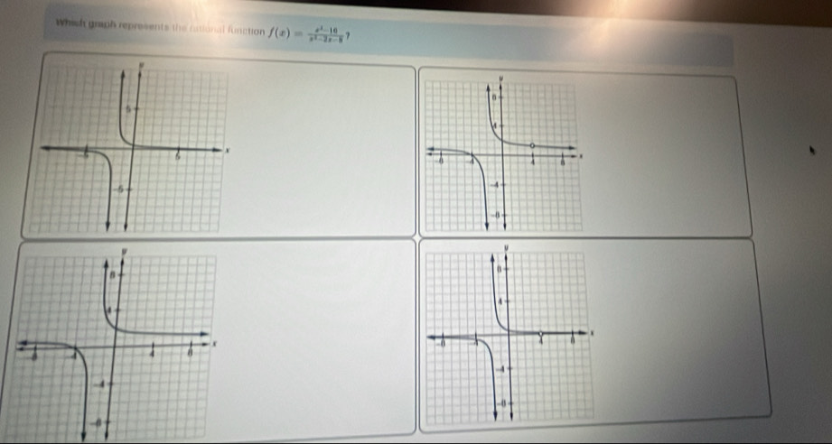 Whish graph represents the rational function f(x)= (x^2-10)/x^2-2x-8  ?