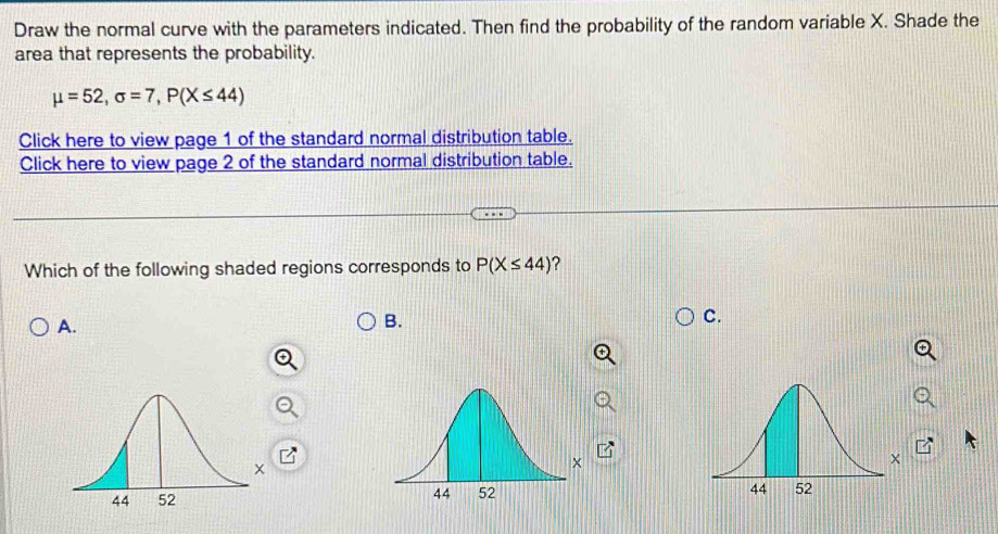 Draw the normal curve with the parameters indicated. Then find the probability of the random variable X. Shade the
area that represents the probability.
mu =52, sigma =7, P(X≤ 44)
Click here to view page 1 of the standard normal distribution table.
Click here to view page 2 of the standard normal distribution table.
Which of the following shaded regions corresponds to P(X≤ 44) ?
A.
B.
C.
×