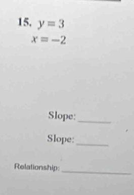 y=3
x=-2
Slope:_ 
Slope:_ 
_ 
Relationship: