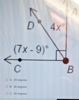 A
B. 36 degrees
C. 54 degrees