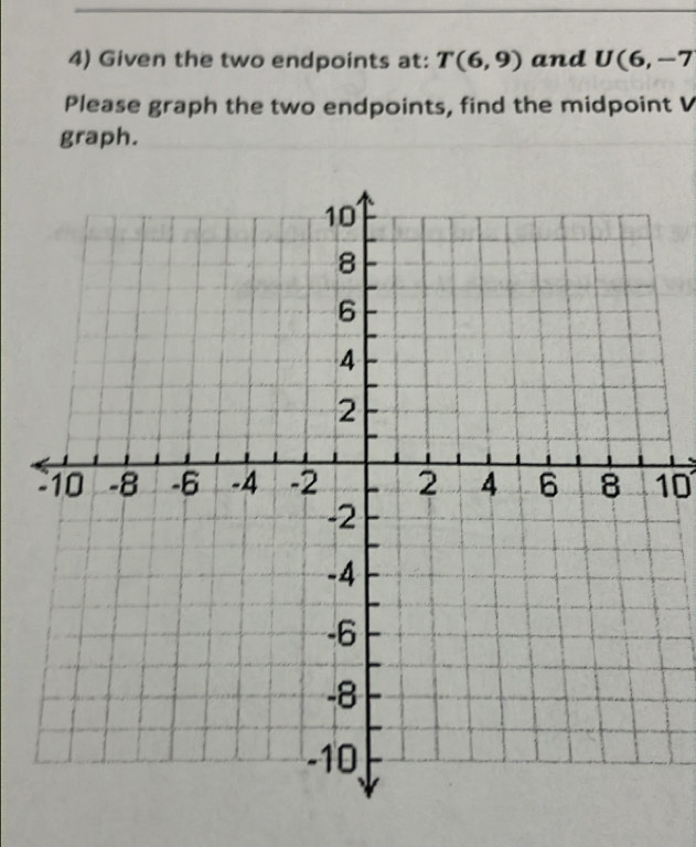 Given the two endpoints at: T(6,9) and U(6,-7
Please graph the two endpoints, find the midpoint V
graph.
10