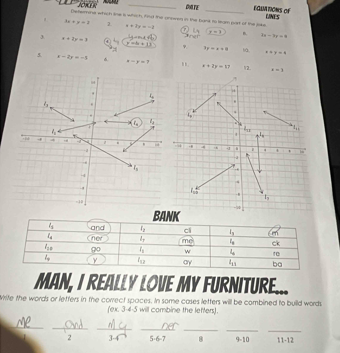 JOKER NAME_
DATE
_EQUATIONS OF
LINES
Determine which line is which. Find the answers in the bank to learn part of the joke.
L 3x+y=2 2. x+2y=-2 7
y=3 B. 2x-3y=0
3、 x+2y=3 a y=b+13 9. 3y=x+8 10.
x+y=4
5. x-2y=-5 6. x-y=7 11. x+2y=17 12.
x=3
10
10
l_6
1
ε
6
4
l_9
l_4 l_2
4
2
l_1
l_12
l_11
2 l_B
-10 -8 =6 -4 -2 2 4 10 -10 - 8 -6 -4 -2 2 4
-2
6 B 10
-2
-4
l_5
-4
-6
~6
-8
l_(10)^(∠)
-8 l_7
-10
-10
Man, I Really Love My Furniture.
Write the words or letters in the correct spaces. In some cases letters will be combined to build words
(ex. 3-4-5 will combine the letters).
_
_
_
__
_
_
2
1 3-4 5-6-7 8 9-10 11-12