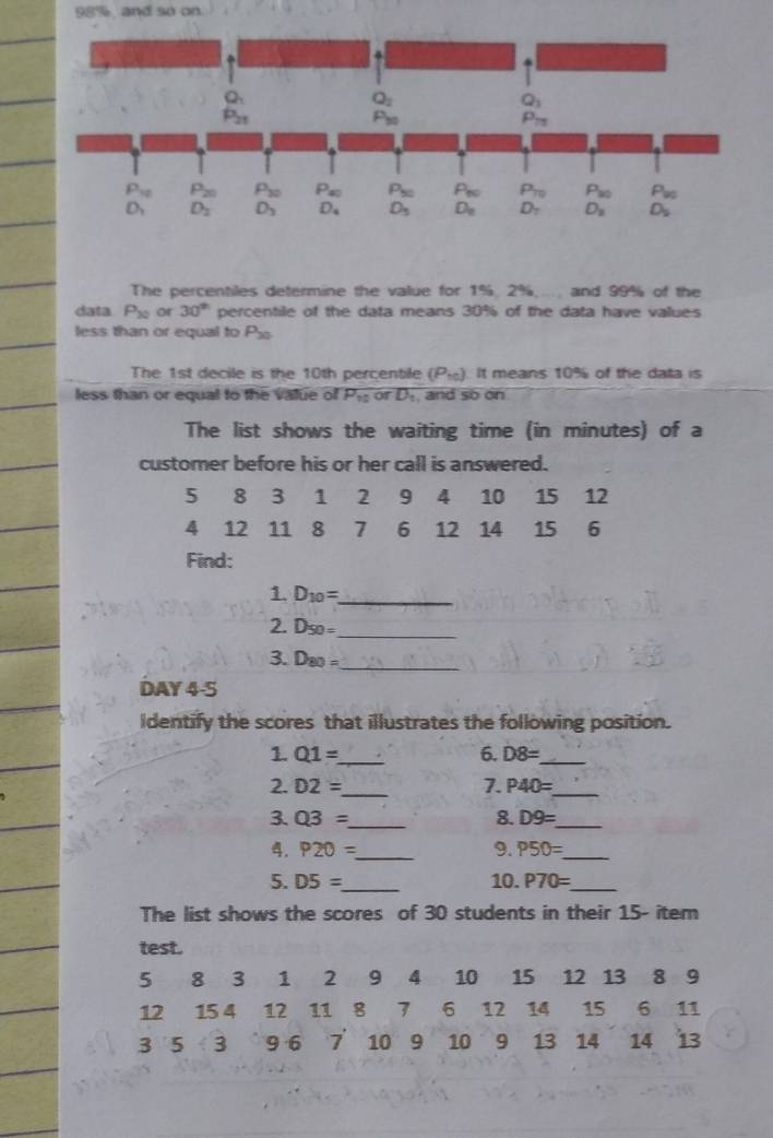 98% and so on.
The percentiles determine the value for 1%, 2%;... and 99% of the
data P_20 or 30^(th) percentile of the data means 30% of the data have values
less than or equal to P_30
The 1st decile is the 10th percentile (P₁). It means 10% of the data is
less than or equal to the value of P_10 0 D_1 , and so on
The list shows the waiting time (in minutes) of a
customer before his or her call is answered.
5 8 3 1 2 9 4 10 15 12
4 12 11 8 7 6 12 14 15 6
Find:
1. D_10= _
2. D_50= _
3. D_80= _
DAY 4-5
ldentify the scores that illustrates the following position.
1. Q1= _ 6. D8= _
2. D2= _ 1. P40= _
3. Q3= _ 8. D9= _
4. P20= _ 9. P50= _
5. D5= _ 10. P70= _
The list shows the scores of 30 students in their 15- item
test.
5 8 3 1 2 9 4 10 15 12 13 8 9
12 15 4 12 11 8 7 6 12 14 15 6 11
3 5 3  9 6 7 10 9 10 9 13 14 14 13