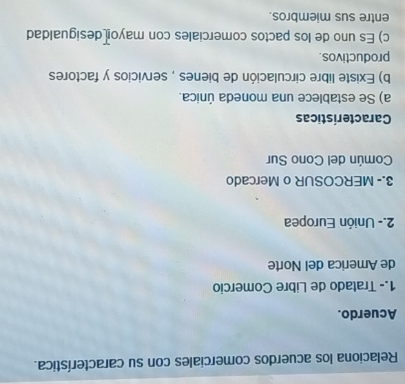 Relaciona los acuerdos comerciales con su característica. 
Acuerdo. 
1.- Tratado de Libre Comercio 
de America del Norte 
2.- Unión Europea 
3.- MERCOSUR o Mercado 
Común del Cono Sur 
Características 
a) Se establece una moneda única. 
b) Existe libre circulación de bienes , servicios y factores 
productivos. 
c) Es uno de los pactos comerciales con mayo desigualdad 
entre sus miembros.