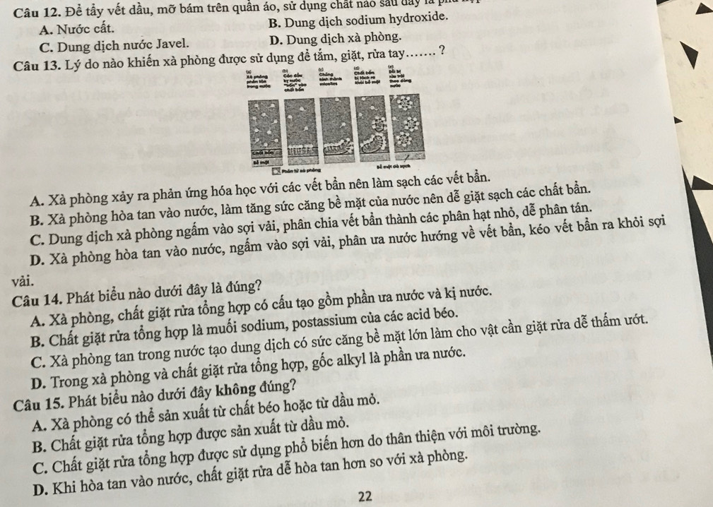 Để tầy vết dầu, mỡ bám trên quần áo, sử dụng chất náo sau day là ph
A. Nước cất. B. Dung dịch sodium hydroxide.
C. Dung dịch nước Javel. D. Dung dịch xà phòng.
Câu 13. Lý do nào khiến xà phòng được sử dụng đề tắm, giặt, rửa tay....... ?
A. Xà phòng xảy ra phản ứng hóa học với các vết bần nên làm sạch các vết bần.
B. Xà phòng hòa tan vào nước, làm tăng sức căng bề mặt của nước nên dễ giặt sạch các chất bần.
C. Dung dịch xà phòng ngấm vào sợi vải, phân chia vết bần thành các phân hạt nhỏ, dễ phân tán.
D. Xà phòng hòa tan vào nước, ngấm vào sợi vải, phân ưa nước hướng về vết bần, kéo vết bần ra khỏi sợi
vài.
Câu 14. Phát biểu nào dưới đây là đúng?
A. Xà phòng, chất giặt rửa tổng hợp có cấu tạo gồm phần ưa nước và kị nước.
B. Chất giặt rửa tổng hợp là muối sodium, postassium của các acid béo.
C. Xà phòng tan trong nước tạo dung dịch có sức căng bề mặt lớn làm cho vật cần giặt rửa dễ thấm ướt.
D. Trong xà phòng và chất giặt rửa tổng hợp, gốc alkyl là phần ưa nước.
Câu 15. Phát biểu nào dưới đây không đúng?
A. Xà phòng có thể sản xuất từ chất béo hoặc từ dầu mỏ.
B. Chất giặt rửa tổng hợp được sản xuất từ dầu mỏ.
C. Chất giặt rửa tổng hợp được sử dụng phổ biến hơn do thân thiện với môi trường.
D. Khi hòa tan vào nước, chất giặt rửa dễ hòa tan hơn so với xà phòng.
22