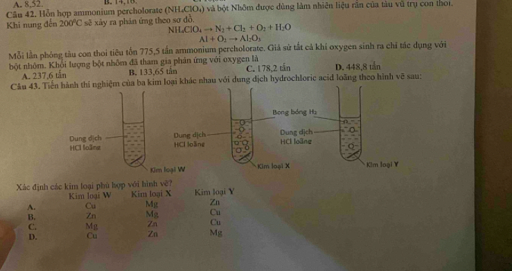 A. 8,52. B. 14,18.
Câu 42. Hỗn hợp ammonium percholorate (NH₄ClO₄) và bột Nhôm được dùng làm nhiên liệu rắn của tàu vũ trụ con thoi.
Khi nung đến 200°C sẽ xảy ra phản ứng theo sơ đồ.
NH_4ClO_4to N_2+Cl_2+O_2+H_2O
Al+O_2to Al_2O_3
Mỗi lần phỏng tàu con thoi tiêu tốn 775,5 tấn ammonium percholorate. Giả sử tất cả khí oxygen sính ra chỉ tác dụng với
bột nhôm. Khổi lượng bột nhôm đã tham gia phản ứng với oxygen là
A. 237,6 tẫn B. 133,65 tần C. 178,2 tấn D. 448,8 tấn
Câu 43.a ba kim loại khác nhau với dung dịch hydrochloric acid loãng theo hình vẽ sau:
Xác định các kim loại phù hợp với hình vẽ?
Kim loại W Kim loại X Kim loại Y
A. Cu Mg Zn
B. Zn Mg Cu
C. Mg Zn Cu
D. Cu Zn Mg