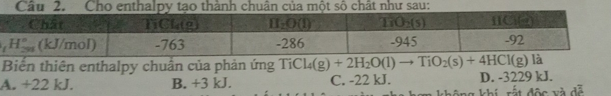 Cho enth to thành chuân của một số chất như sau:
Biến thiên enthalpy chuẩn của phản ứng TiCl_4(g)+2H_2O(l)to TiO_2(s)+4HCl(g) là
A. +22 kJ. B. +3 kJ. C. -22 kJ. D. -3229 kJ.
g khí rất độc và đễ