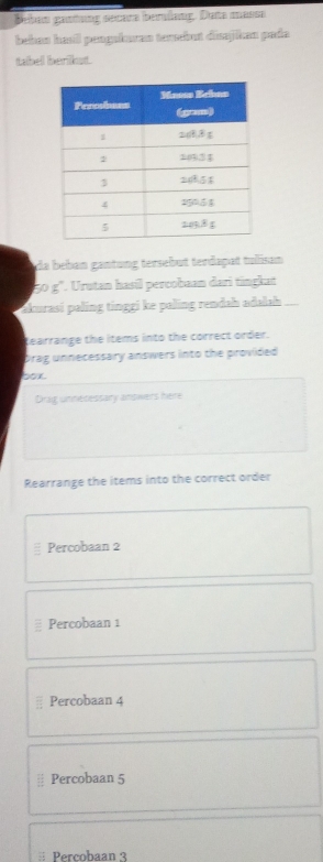 Bebam genhung secara berlung. Dats masse 
behan hasil pengakuran tenæbut disjikan pada 
tabel berilut. 
da beban gantung tersebut terdapat tuisan
50 g '. Urutan hasil percobaan dari tingkut 
akurasi paling tinggi ke paling rendah adalah 
tearrange the items into the correct order. 
Drag unnecessary answers into the provided 
box 
Drag unnesessary answers here 
Rearrange the items into the correct order 
Percobaan 2
Percobaan 1
Percobaan 4
Percobaan 5
Percobaan 3