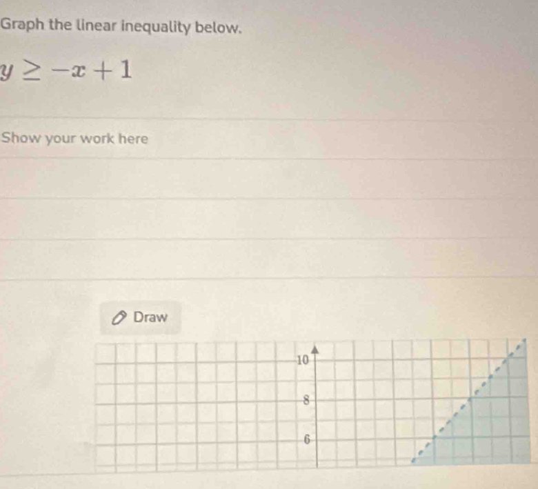 Graph the linear inequality below.
y≥ -x+1
Show your work here 
Draw
10
8
6