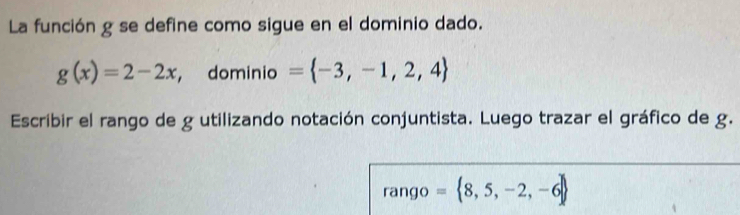 La función g se define como sigue en el dominio dado.
g(x)=2-2x ， dominio = -3,-1,2,4
Escribir el rango de g utilizando notación conjuntista. Luego trazar el gráfico de g. 
rango = 8,5,-2,-6