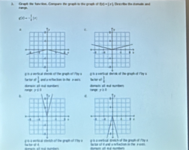 Graph the function, Compare te graph to the gragh of 100=(x) Desrio de danin and
t lnge
g(x)=- 1/4 |x|
a
C
g is a vertical shrink of the gragh ut f by a i i cortise setak of the gragh of firy s
tector o  1/4  and a niflection in the s ans. becto all  3/2 
dumain all nod numues Borasts all oud murber
range y≤ 0 age y à
D
ε

g is a vertical abwtd of the graph of the à a aer at strotich of the gaph of Fly s
iacta gt d taros of i are a rofuction in ther aam .