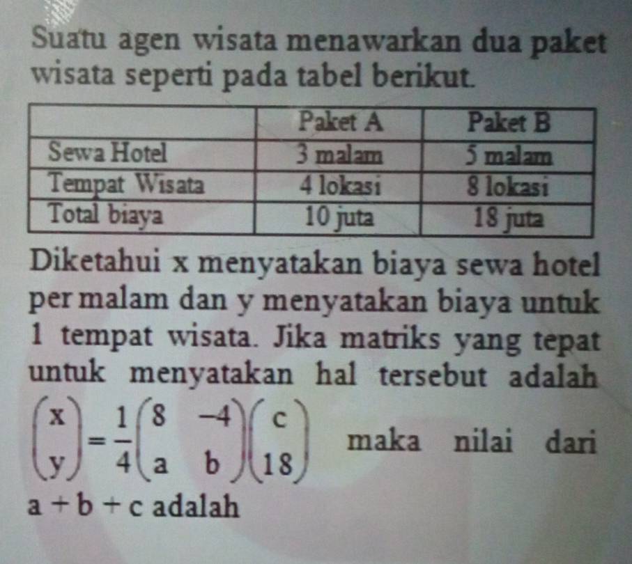 Suatu agen wisata menawarkan dua paket
wisata seperti pada tabel berikut.
Diketahui x menyatakan biaya sewa hotel
per malam dan y menyatakan biaya untuk
1 tempat wisata. Jika matriks yang tepat
untuk menyatakan hal tersebut adalah
beginpmatrix x yendpmatrix = 1/4 beginpmatrix 8&-4 a&bendpmatrix beginpmatrix c 18endpmatrix maka nilai dari
a+b+c adalah