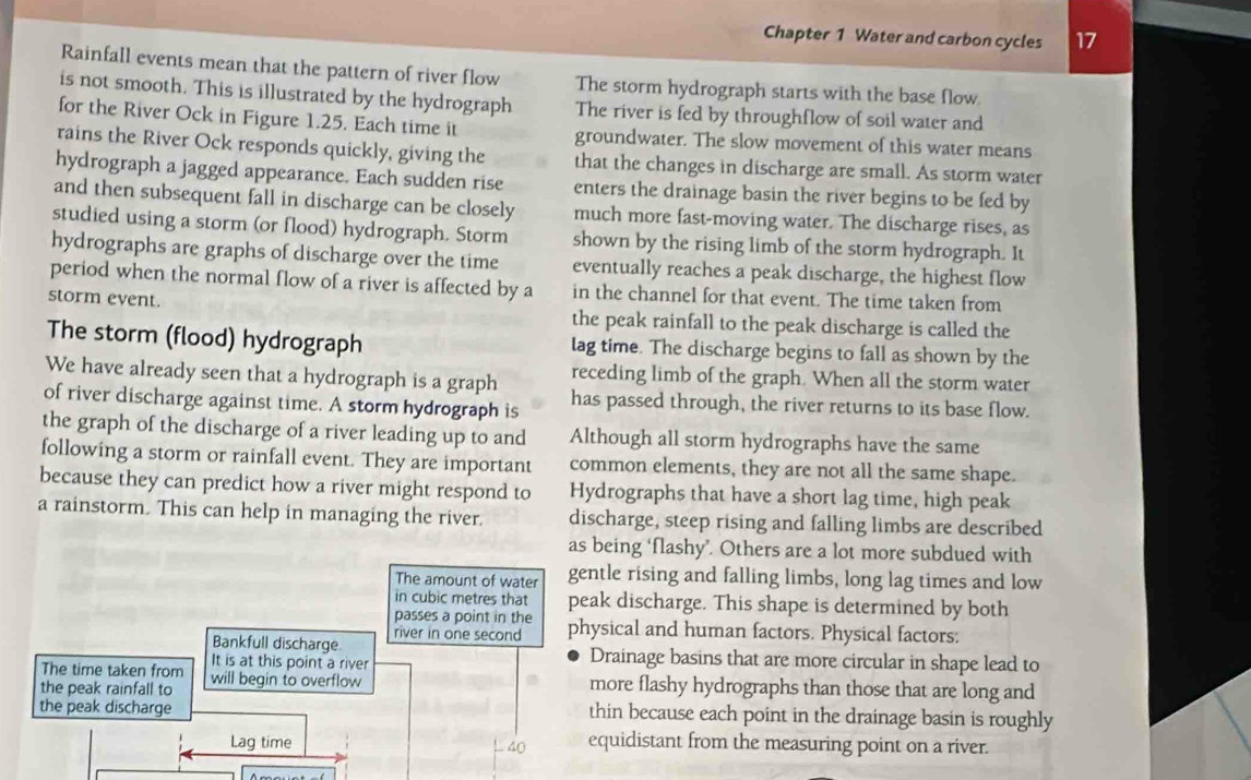 Chapter 1 Water and carbon cycles 17
Rainfall events mean that the pattern of river flow The storm hydrograph starts with the base flow
is not smooth. This is illustrated by the hydrograph The river is fed by throughflow of soil water and
for the River Ock in Figure 1.25. Each time it groundwater. The slow movement of this water means
rains the River Ock responds quickly, giving the that the changes in discharge are small. As storm water
hydrograph a jagged appearance. Each sudden rise enters the drainage basin the river begins to be fed by
and then subsequent fall in discharge can be closely much more fast-moving water. The discharge rises, as
studied using a storm (or flood) hydrograph. Storm shown by the rising limb of the storm hydrograph. It
hydrographs are graphs of discharge over the time eventually reaches a peak discharge, the highest flow
period when the normal flow of a river is affected by a in the channel for that event. The time taken from
storm event.
the peak rainfall to the peak discharge is called the
The storm (flood) hydrograph lag time. The discharge begins to fall as shown by the
We have already seen that a hydrograph is a graph receding limb of the graph. When all the storm water
of river discharge against time. A storm hydrograph is has passed through, the river returns to its base flow.
the graph of the discharge of a river leading up to and Although all storm hydrographs have the same
following a storm or rainfall event. They are important common elements, they are not all the same shape.
because they can predict how a river might respond to Hydrographs that have a short lag time, high peak
a rainstorm. This can help in managing the river. discharge, steep rising and falling limbs are described
as being ‘flashy’. Others are a lot more subdued with
The amount of water gentle rising and falling limbs, long lag times and low
in cubic metres that peak discharge. This shape is determined by both
passes a point in the
river in one second physical and human factors. Physical factors:
Bankfull discharge Drainage basins that are more circular in shape lead to
It is at this point a river
The time taken from more flashy hydrographs than those that are long and
the peak rainfall to will begin to overflow
the peak discharge thin because each point in the drainage basin is roughly
Lag time equidistant from the measuring point on a river.
