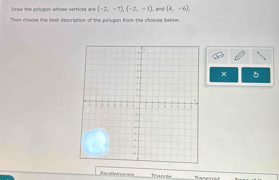 Draw the polygon whose vertices are (-2,-7), (-2,-1) , and (4,-6). 
Then choose the best description of the polygon from the choices below. 
× 5 
Parallelogram Triangle Tranezoid