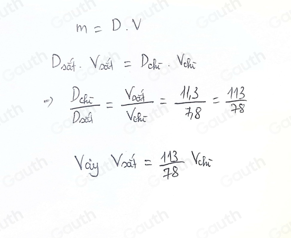 m=D.V
1 D baf V_cir=D_ck· v_cl 
) frac D_cirD_cir=frac V_ariV_abe= (11.3)/7.8 = 113/78 
V_oit=frac 113= 113/78 V_chi