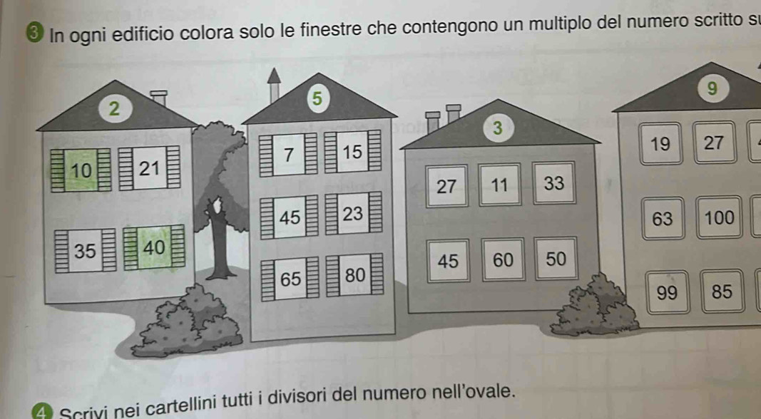 € In ogni edificio colora solo le finestre che contengono un multiplo del numero scritto s 
4 Scrivi nei cartellini tutti i divisori del numero nell’ovale.