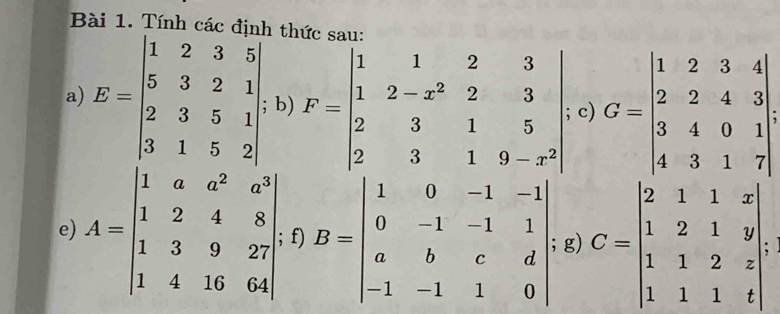 Tính các đi h thức sau: 
a) E=beginbmatrix 1&2&3&5 5&3&2&1 2&3&5&1 3&1&5&2endbmatrix b) F=beginvmatrix 1&1&2&3 1&2-x^2&2&3 2&3&1&5 2&3&1&9-x^2endvmatrix; c) G=beginbmatrix 1&2&3&4 2&2&4&3 3&4&0&1 4&3&1&7endbmatrix
e) A=beginbmatrix 1&a&a^2&a^3 1&2&4&8 1&3&9&27 1&4&16&64endbmatrix f) B=beginvmatrix 1&0&-1&-1 0&-1&-1&1 a&b&c&d -1&-1&1&0endvmatrix g) C=beginvmatrix 2&1&1&x 1&2&1&y 1&1&2&z 1&1&1&tendvmatrix