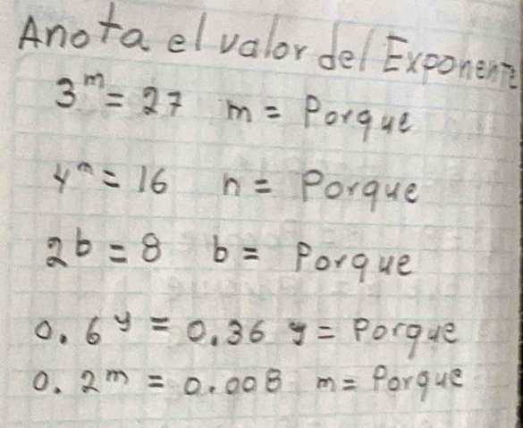 Anota elvalor del Exponen?
3^m=27 m= Porque
4^m=16 h= Porque
2^b=8 b= Porque
0.6^y=0.36y= Porque
0.2^m=0.008m= Porque