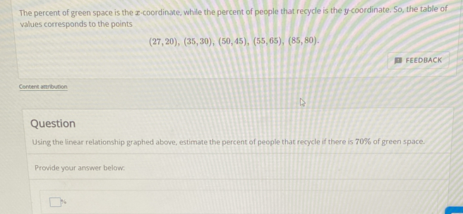 The percent of green space is the x-coordinate, while the percent of people that recycle is the y-coordinate. So, the table of 
values corresponds to the points
(27,20), (35,30), (50,45), (55,65), (85,80). 
FEEDBACK 
Content attribution 
Question 
Using the linear relationship graphed above, estimate the percent of people that recycle if there is 70% of green space. 
Provide your answer below: