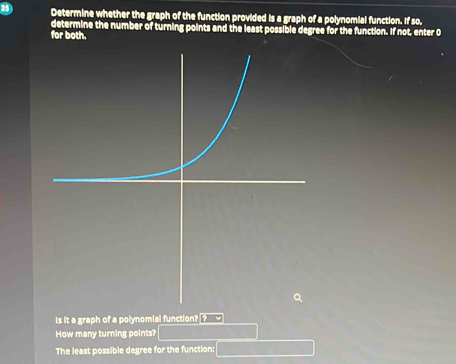 Determine whether the graph of the function provided is a graph of a polynomial function. If so, 
determine the number of turning points and the least possible degree for the function. If not, enter O 
for both. 
Is it a graph of a polynomial function? ? 
How many turning points? 
The least possible degree for the function: