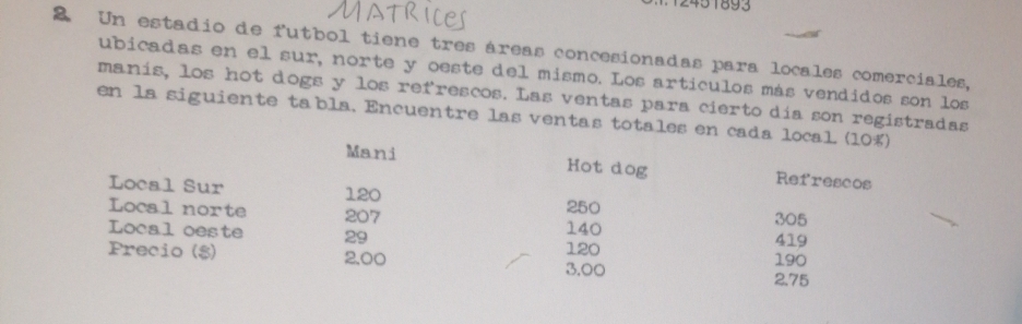 451893 
2 Un estadio de futbol tiene tres áreas concesionadas para locales comercíales, 
ubicadas en el sur, norte y oeste del mismo. Los articulos más vendidos son los 
manís, los hot dogs y los refrescos. Las ventas para cierto día son registradas 
en la siguiente tabla. Encuentre las ventas totales en cada local (10%) 
Mani Hot dog Refrescos 
Local Sur 120
Local norte 207 140 250 305
Local oeste 29 120
419
Precio ($) 2,00 3,00 190
2.75