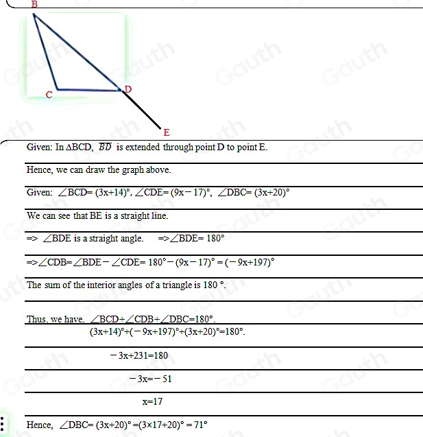 Solved: In BCD, overline BD is extended through point D to point E, m∠ ...
