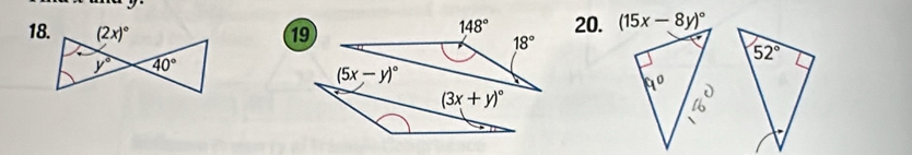 ⑲ 20. (15x-8y)^circ 
148°
18°
(5x-y)^circ 
(3x+y)^circ 