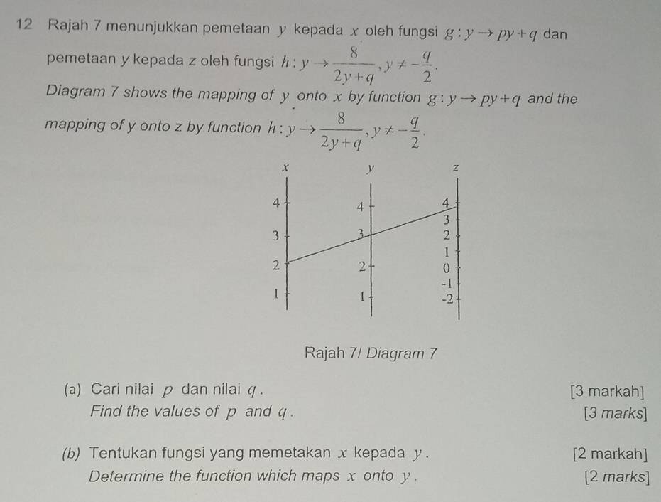 Rajah 7 menunjukkan pemetaan y kepada x oleh fungsi g:yto py+q dan 
pemetaan y kepada z oleh fungsi h:yto  8/2y+q , y!= - q/2 . 
Diagram 7 shows the mapping of y onto x by function g:yto py+q and the 
mapping of y onto z by function h:yto  8/2y+q , y!= - q/2 . 
Rajah 7/ Diagram 7 
(a) Cari nilai p dan nilai q. [3 markah] 
Find the values of p and [3 marks] 
(b) Tentukan fungsi yang memetakan x kepada y. [2 markah] 
Determine the function which maps x onto y. [2 marks]