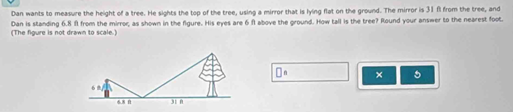 Dan wants to measure the height of a tree. He sights the top of the tree, using a mirror that is lying flat on the ground. The mirror is 31 ft from the tree, and 
Dan is standing 6.8 ft from the mirror; as shown in the figure. His eyes are 6 ft above the ground. How tall is the tree? Round your answer to the nearest foot. 
(The figure is not drawn to scale.) 
□ n 
× 5