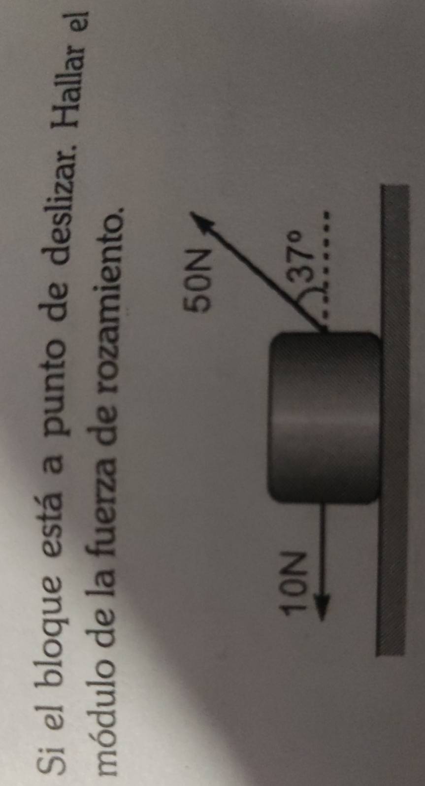 Si el bloque está a punto de deslizar. Hallar el
módulo de la fuerza de rozamiento.
50N
10N
37°