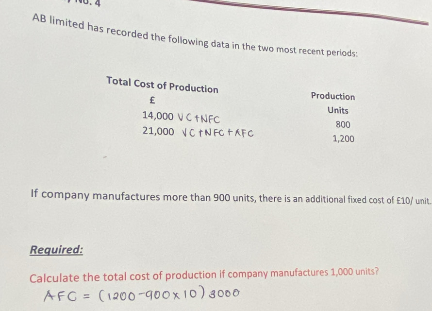 N6.4 
AB limited has recorded the following data in the two most recent periods; 
Total Cost of Production
£
Production 
Units
14,000 * 800
NFC
21,000 C t N FC 1,200
If company manufactures more than 900 units, there is an additional fixed cost of £10/ unit. 
Required: 
Calculate the total cost of production if company manufactures 1,000 units?