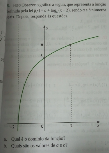 H2O Observe o gráfico a seguir, que representa a função 
definida pela lei f(x)=a+log _b(x+2) , sendo a e b números 
reais. Depois, responda às questões.
 1/2 . 
de 
Do 
a. Qual é o domínio da função? 
b. Quais são os valores de a e b?