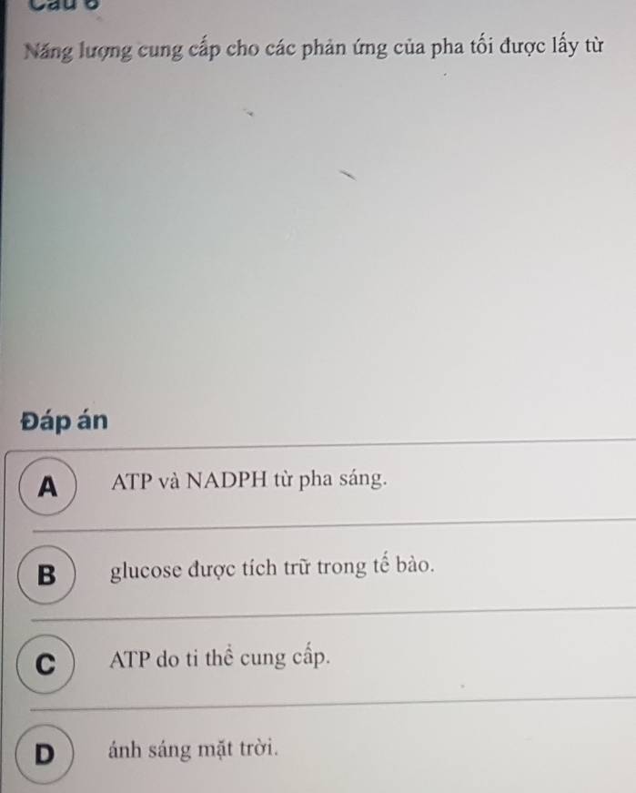 Năng lượng cung cấp cho các phản ứng của pha tối được lấy từ
Đáp án
A ) ATP và NADPH từ pha sáng.
B ) glucose được tích trữ trong tế bào.
C ) ATP do ti thể cung cấp.
D ) ánh sáng mặt trời.