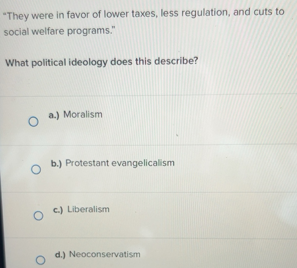 Solved: “They were in favor of lower taxes, less regulation, and cuts ...