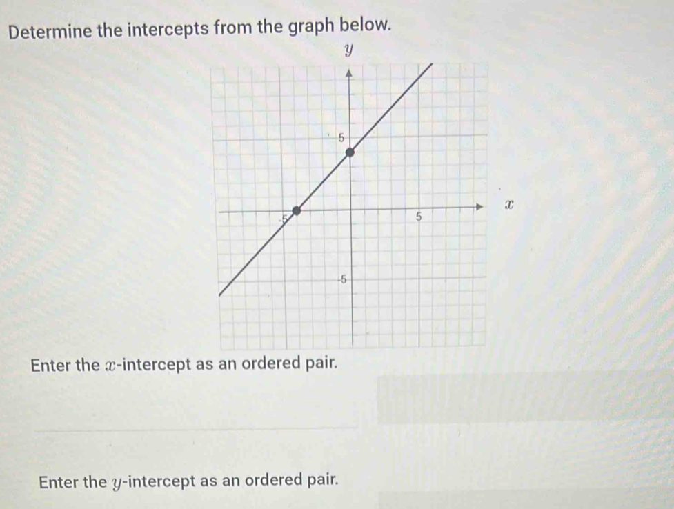 Determine the intercepts from the graph below.
x
Enter the x-intercept as an ordered pair. 
Enter the y-intercept as an ordered pair.