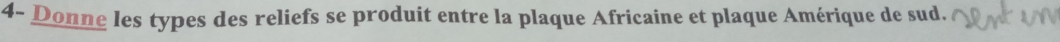 4- Donne les types des reliefs se produit entre la plaque Africaine et plaque Amérique de sud.