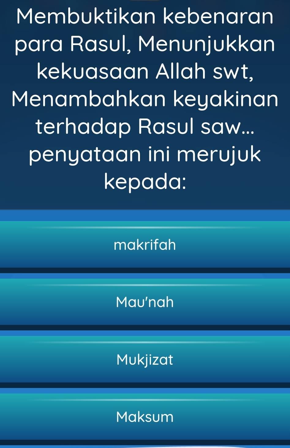 Membuktikan kebenaran
para Rasul, Menunjukkan
kekuasaan Allah swt,
Menambahkan keyakinan
terhadap Rasul saw...
penyataan ini merujuk
kepada:
makrifah
Mau'nah
Mukjizat
Maksum