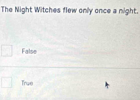 The Night Witches flew only once a night.
□ False
□ True