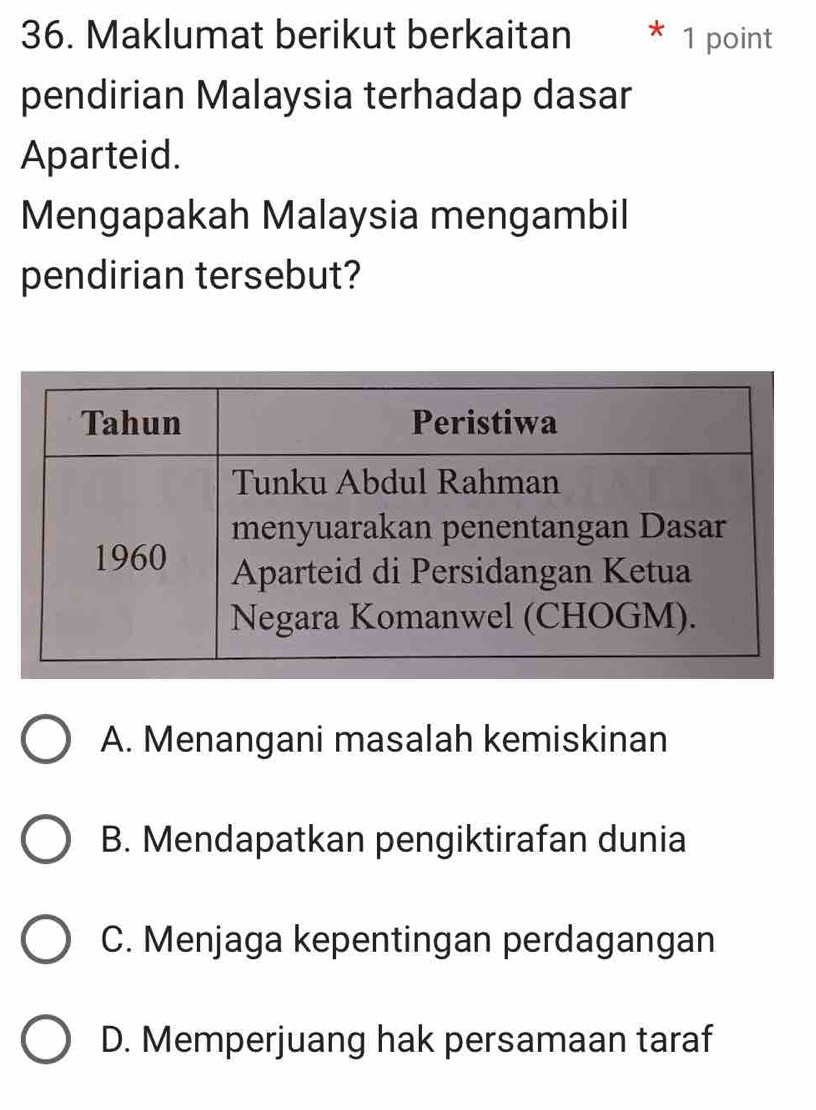 Maklumat berikut berkaitan * 1 point
pendirian Malaysia terhadap dasar
Aparteid.
Mengapakah Malaysia mengambil
pendirian tersebut?
A. Menangani masalah kemiskinan
B. Mendapatkan pengiktirafan dunia
C. Menjaga kepentingan perdagangan
D. Memperjuang hak persamaan taraf