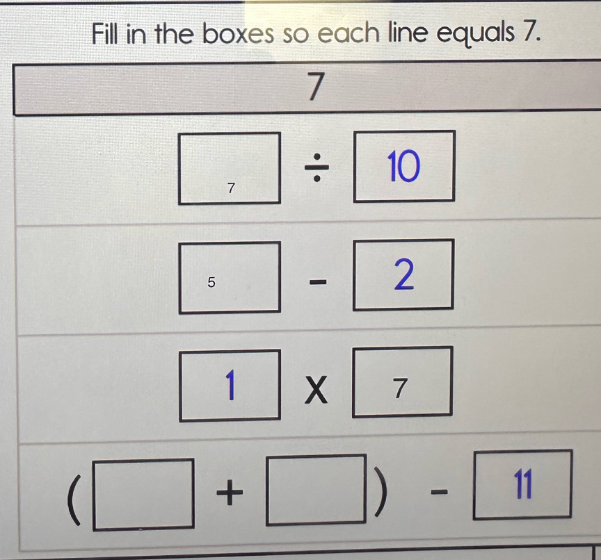 Fill in the boxes so each line equals 7.