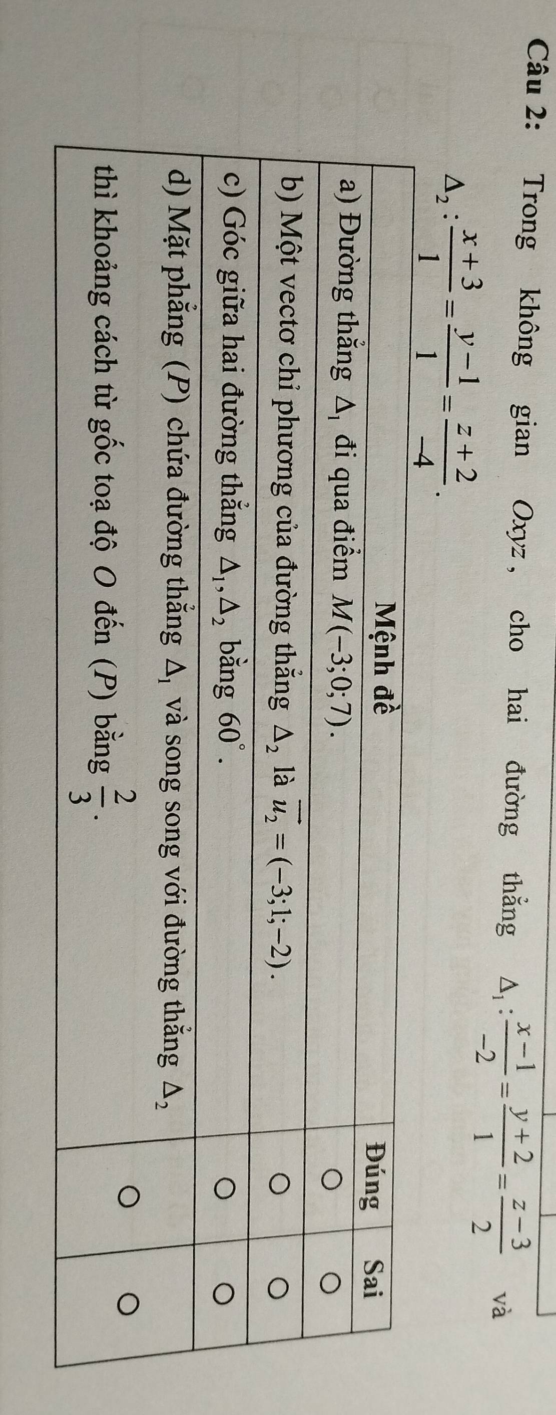 Trong không gian Oxyz , cho hai đường thắng △ _1: (x-1)/-2 = (y+2)/1 = (z-3)/2  và
△ _2: (x+3)/1 = (y-1)/1 = (z+2)/-4 .