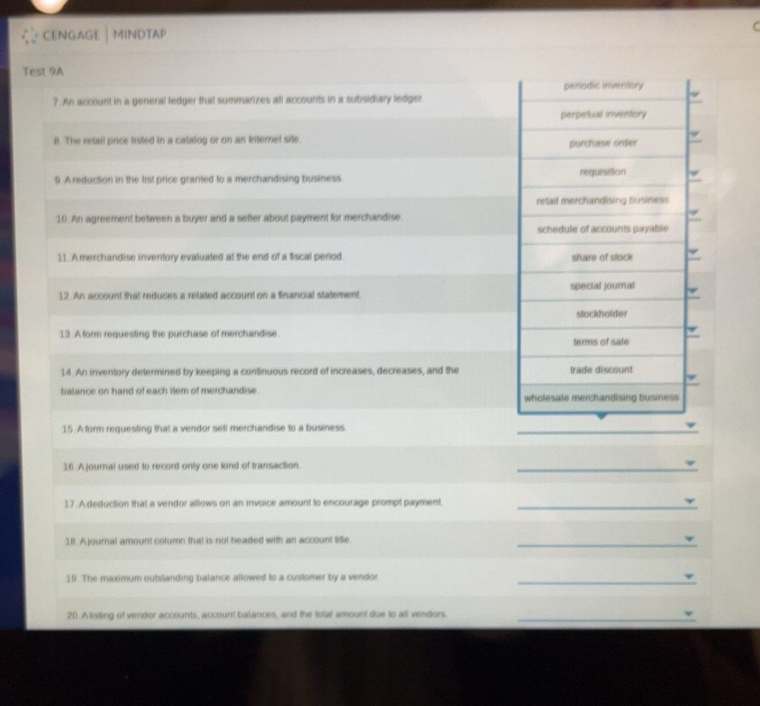 Solved: CENGAGE MINDTAP Test 9A periodic inventory 7. An account in a ...