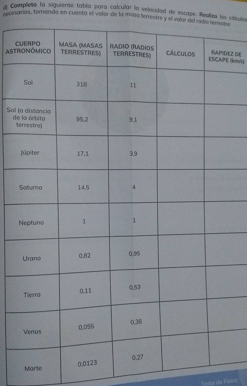 Completo la siguiente tabla para calcular la velocidad de escape. Realizo los cálculos 
necesarios, tomando en cuenta el valor de la masa terrestre y el vae: 
C 
ASTREZ DE 
(km/s) 
Sol ( 
de 
t 
Marte 
Texto de Física