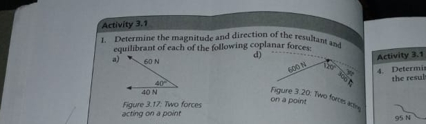 Activity 3.1
1. Determine the magnitude and direction of the resultant and
equilibrant of each of the following coplanar forces:
a)
d)
Activity 3.1
600 N 120° 4. Determi
300 
the resul
Figure 3.20: Two forces activs
Figure 3.17: Two forces
on a point
acting on a point
95 N